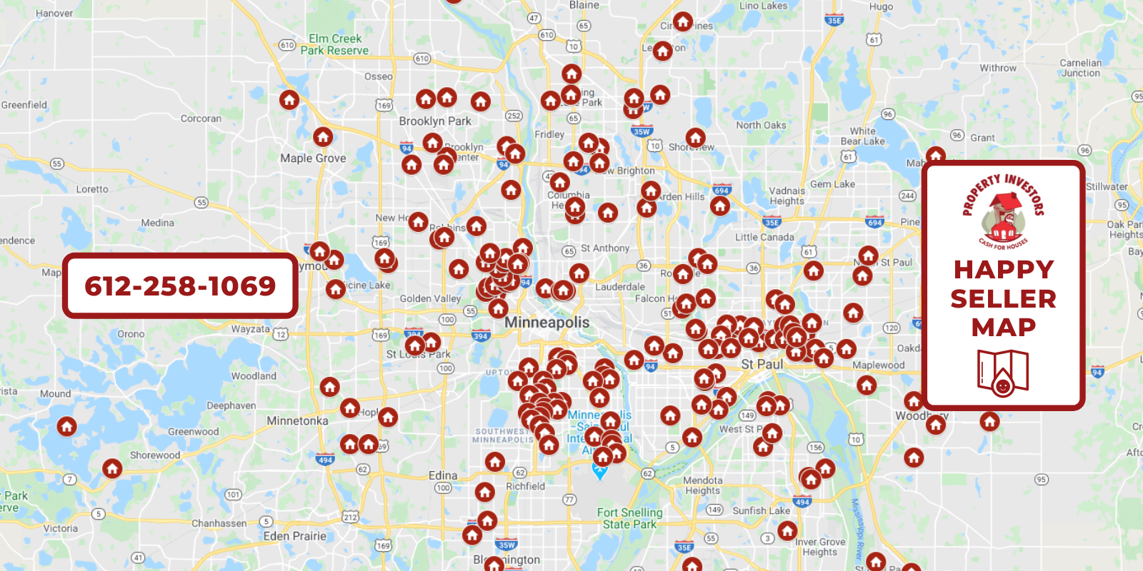 Cash For Houses Happy Seller Map shows red dots all over the twin cities.