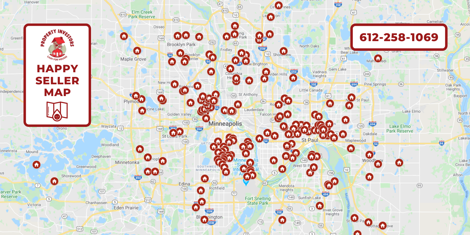 Map of Minneapolis with lots of red dots showing sellers to Cash For Houses