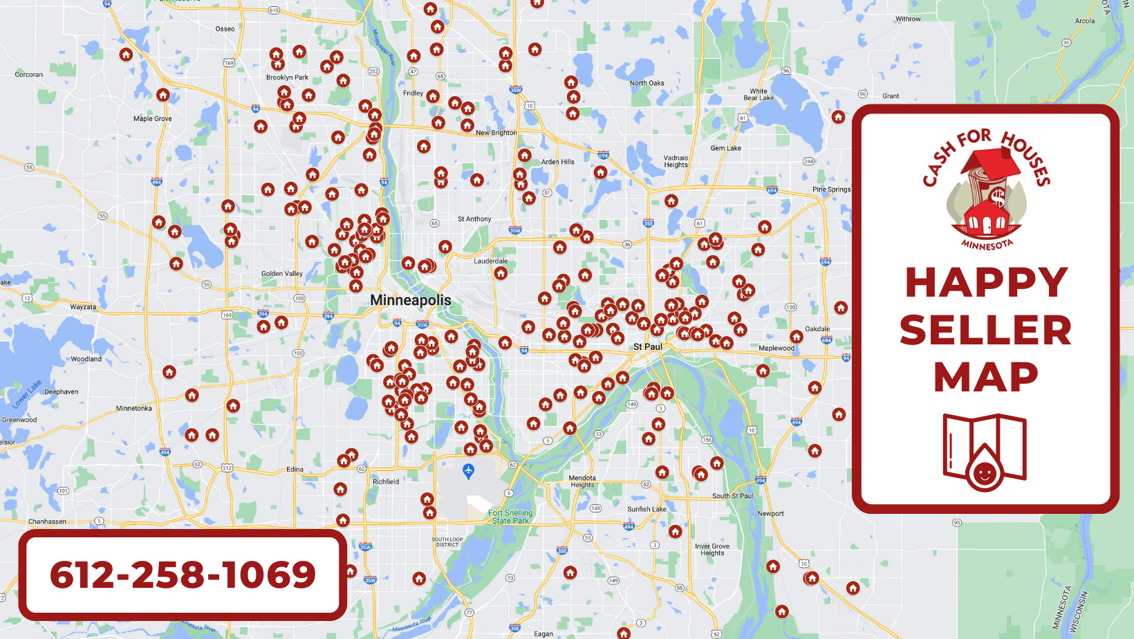 Cash For Houses Happy Seller Map shows hundreds of red dots in the Minneapolis area.
